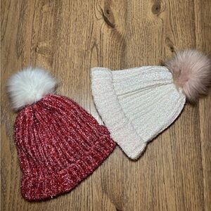 Knit Pom-Pom Beanie Set - Red and Cream. 16 usd for each.